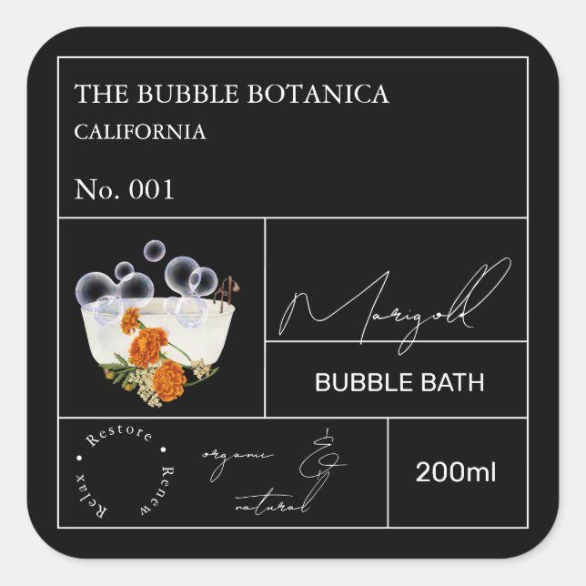 Pegatina Cuadrada Apothecary Marigold Bubble Bath Label (Anverso)