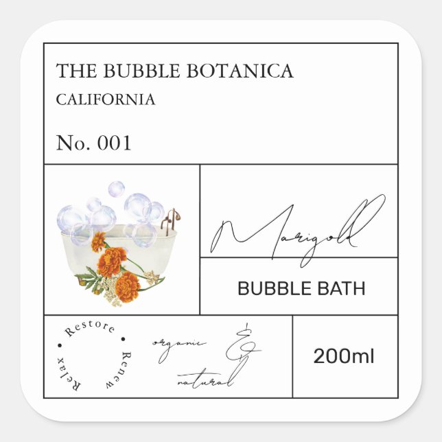 Pegatina Cuadrada Apothecary Marigold Bubble Bath Label (Anverso)
