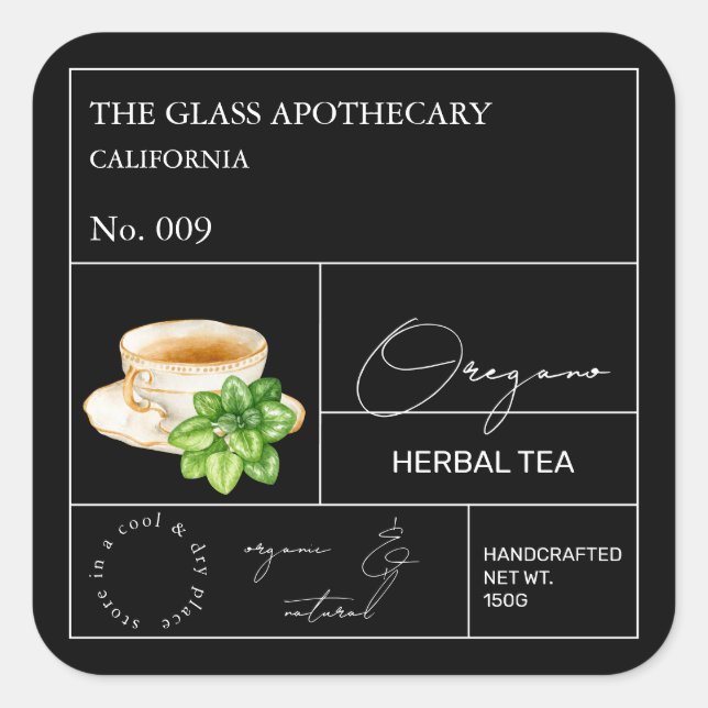 Pegatina Cuadrada Apothecary Oregano Herbal Tea  Label (Anverso)