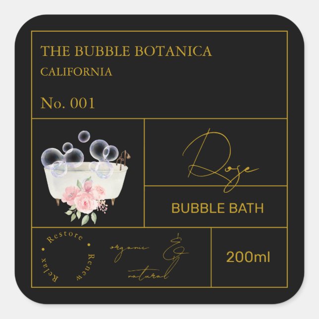 Pegatina Cuadrada Apothecary Rose Bubble Bath Label (Anverso)