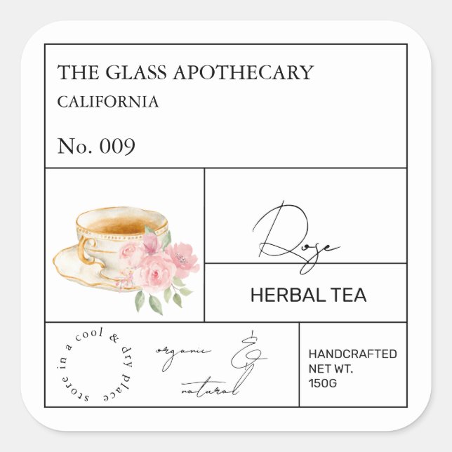 Pegatina Cuadrada Apothecary Rose Herbal Tea  Label (Anverso)