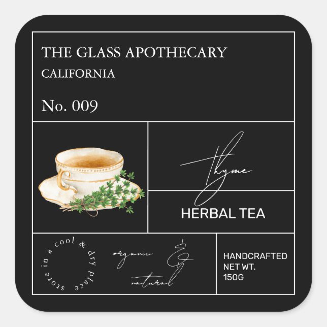 Pegatina Cuadrada Apothecary Thyme Herbal Tea  Label (Anverso)