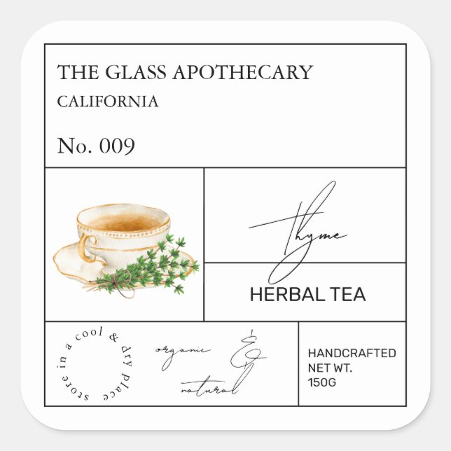 Pegatina Cuadrada Apothecary Thyme Herbal Tea  Label (Anverso)