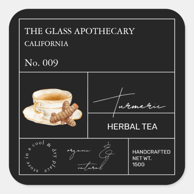 Pegatina Cuadrada Apothecary Turmeric Herbal Tea  Label (Anverso)