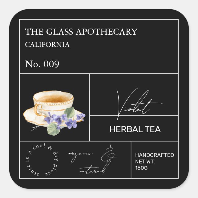 Pegatina Cuadrada Apothecary Violet Herbal Tea  Label (Anverso)