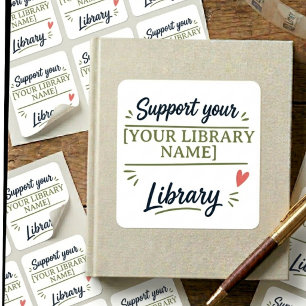 Pegatina Cuadrada Apoya a tu Biblioteca – Diseño de nombre personali