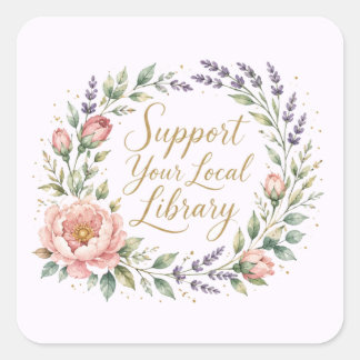 Pegatina Cuadrada Apoya a tu Biblioteca Local - Tote Floral de Libro