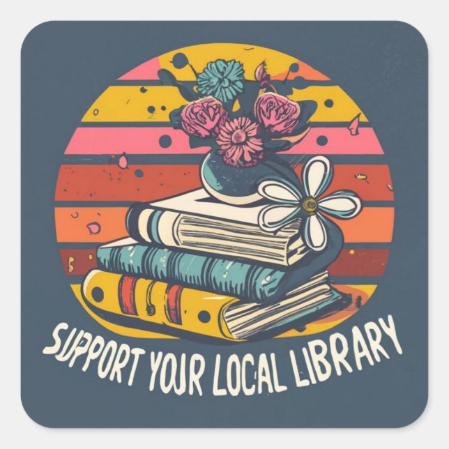 Pegatina Cuadrada apoya tu biblioteca local cuadrada (Anverso)