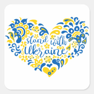 Pegatina Cuadrada Apoyar a Ucrania con letras y corazón