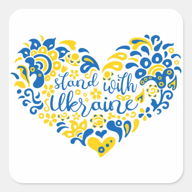 Pegatina Cuadrada Apoyar a Ucrania con letras y corazón (Anverso)