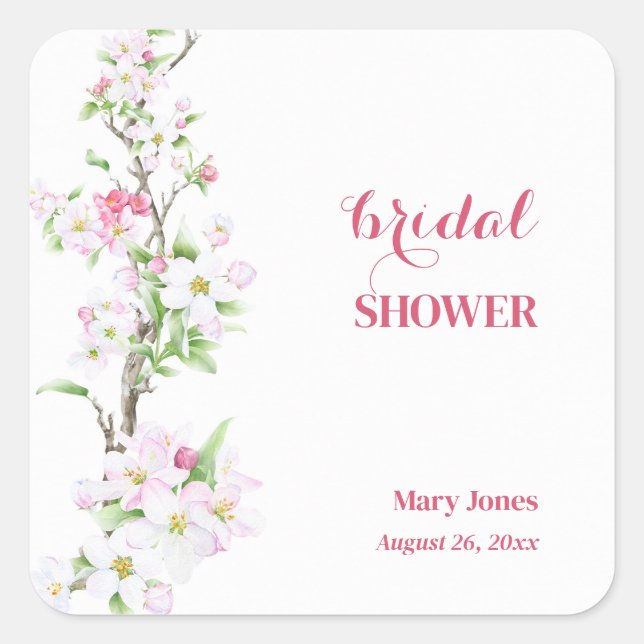 Pegatina Cuadrada Apple Blossom Full Personalizable Bridal Shower (Anverso)