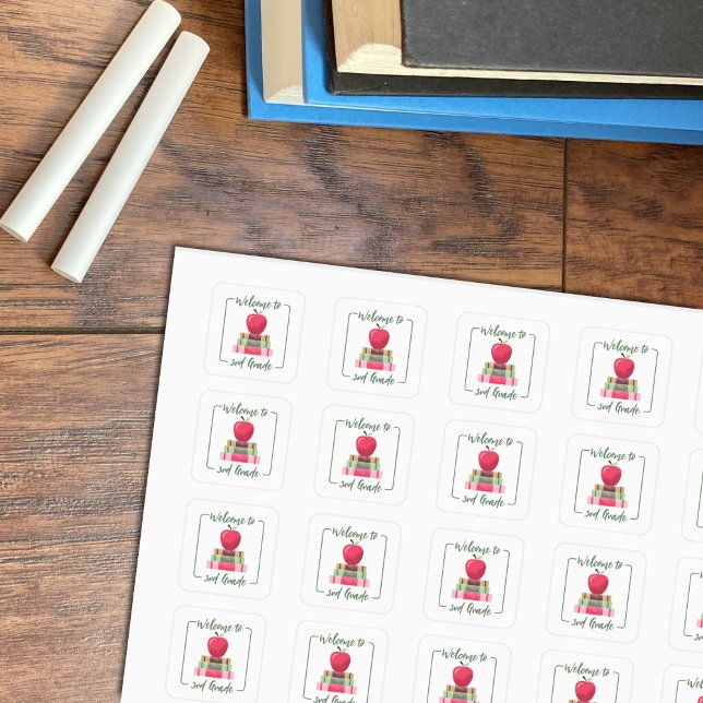Pegatina Cuadrada Apple Books Pegatinas blancos de regreso a la escu (Welcome to 3rd grade white square sticker sheet .)