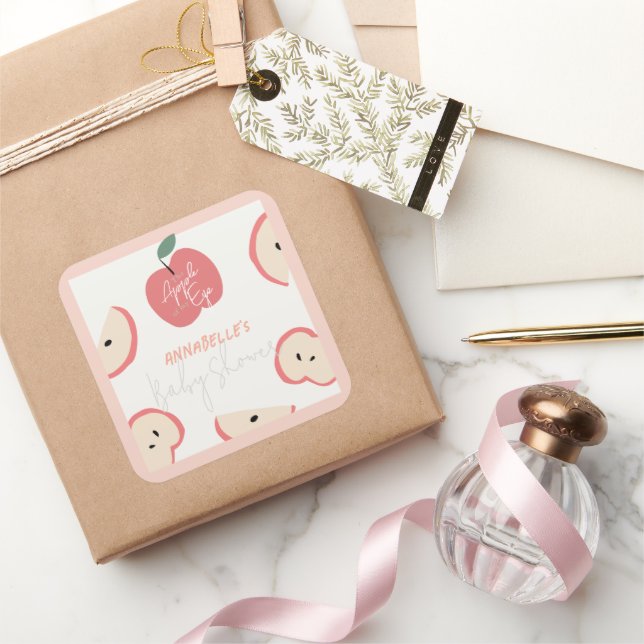 Pegatina Cuadrada Apple of my Eye Pink Girl Baby Shower (Regalar)