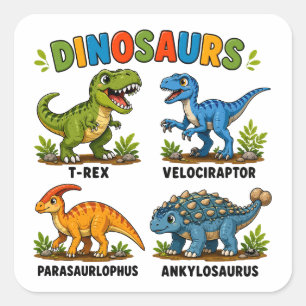 Pegatina Cuadrada Aprendizaje de especies de dinosaurios para niños