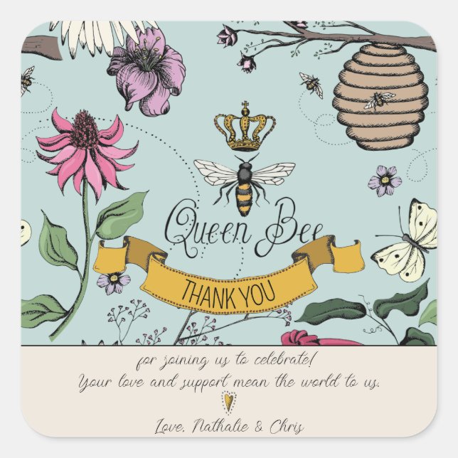 Pegatina Cuadrada Aqua, Black & Gold Queen Bee and Crown Gracias (Anverso)