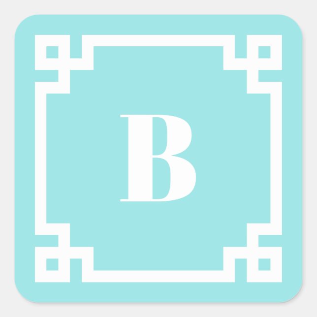 Pegatina Cuadrada Aqua Blue Square Greek Key Border Monogrammed (Anverso)