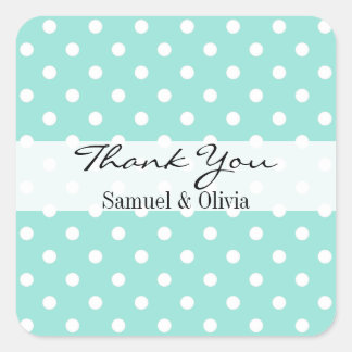 Pegatina Cuadrada Aqua Blue Square Personalizado Polka Doted Gracias