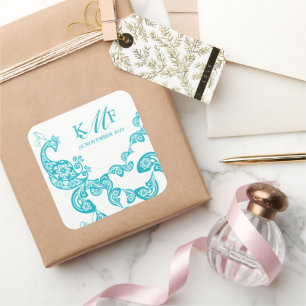 Pegatina Cuadrada Aqua Floral Paisley White Peacock Wedding Favor