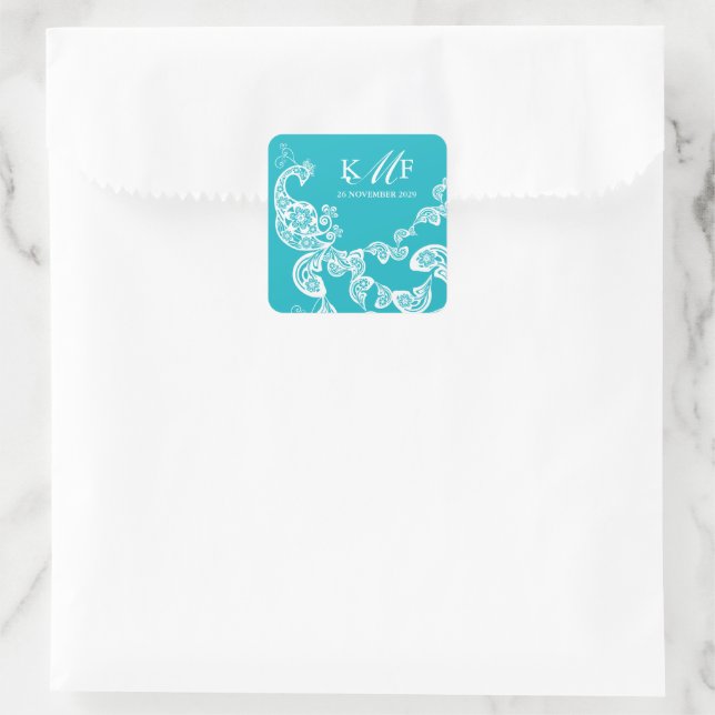 Pegatina Cuadrada Aqua Floral Paisley White Peacock Wedding Favor (Bolso)