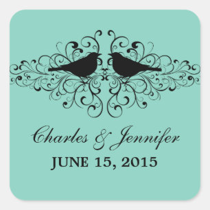 Pegatina Cuadrada Aqua Love Bird Swirls Wedding Stickers