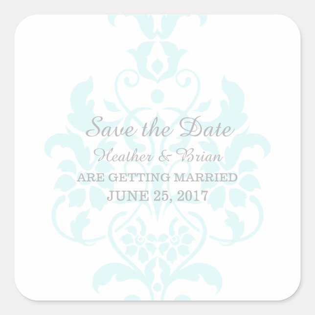 Pegatina Cuadrada Aqua sutil Damask Save the Date Pegatinas (Anverso)
