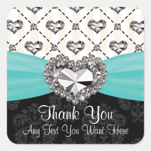 Pegatina Cuadrada Aqua y Black Diamond Hearts Gracias Etiquetas