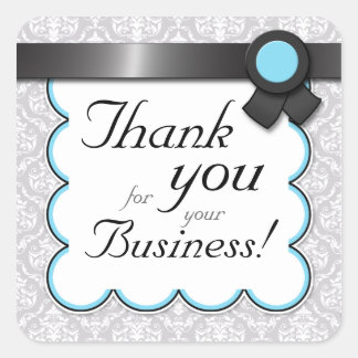 Pegatina Cuadrada Aqua y Gray Damask "Gracias por tu negocio"