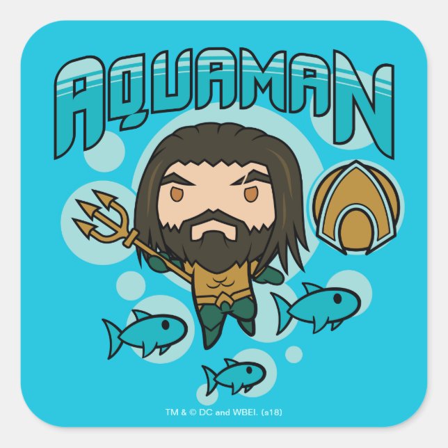 Pegatina Cuadrada Aquaman | Chibi Aquaman Undersea Graphic (Anverso)
