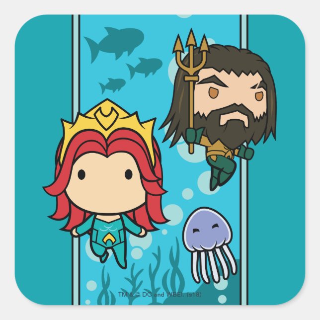 Pegatina Cuadrada Aquaman | Chibi Mera & Aquaman Undersea Graphic (Anverso)