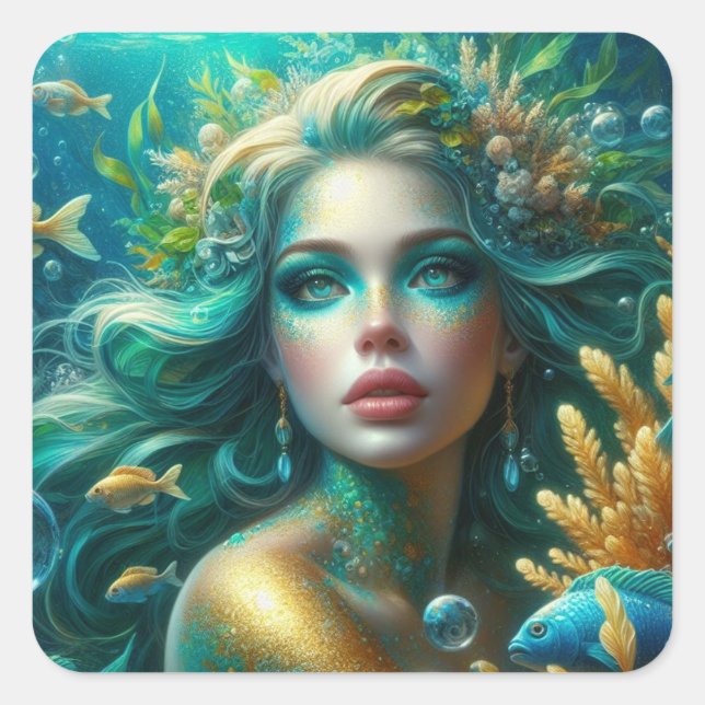 Pegatina Cuadrada Aquamarine - Colección de arte de la serie Mermaid (Anverso)