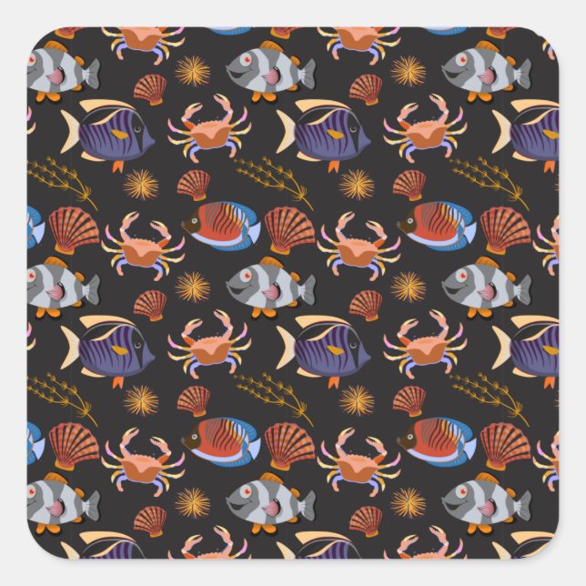 Pegatina Cuadrada Aquatic animals pattern | ocean underwater life 11 (Anverso)