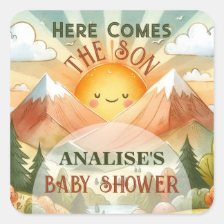 Pegatina Cuadrada Aquí viene el Baby Shower Son Sunshine
