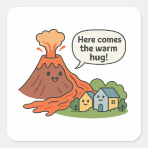 Pegatina Cuadrada ¡Aquí viene el cálido abrazo! Humor del volcán