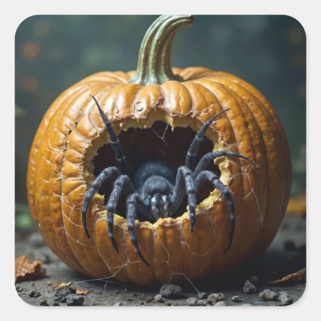 Pegatina Cuadrada Araña negra arrastrándose desde una calabaza (Anverso)
