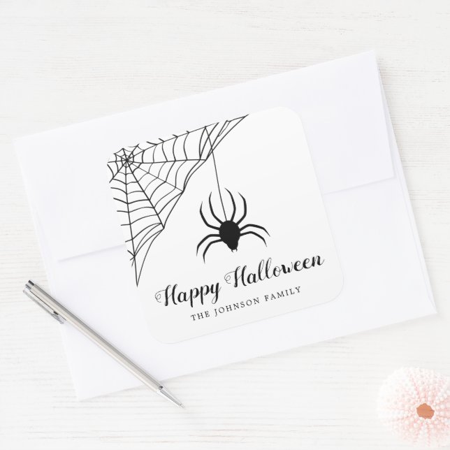 Pegatina Cuadrada Araña negra feliz Halloween (Sobre)