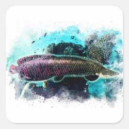 Pegatina Cuadrada Arapaima Monster Fish Watercolor Pirarucu Paiche
