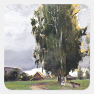Pegatina Cuadrada Árbol al lado de un pueblo