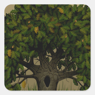 Pegatina Cuadrada Árbol antiguo de la fantasía