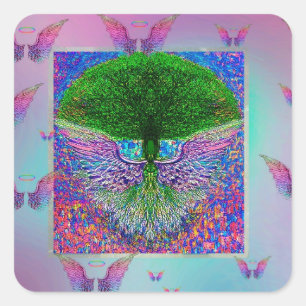 Pegatina Cuadrada Árbol arcoiris de vida con alas ángel