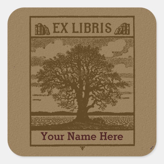 Pegatina Cuadrada Árbol clásico con libro ex librea (Anverso)