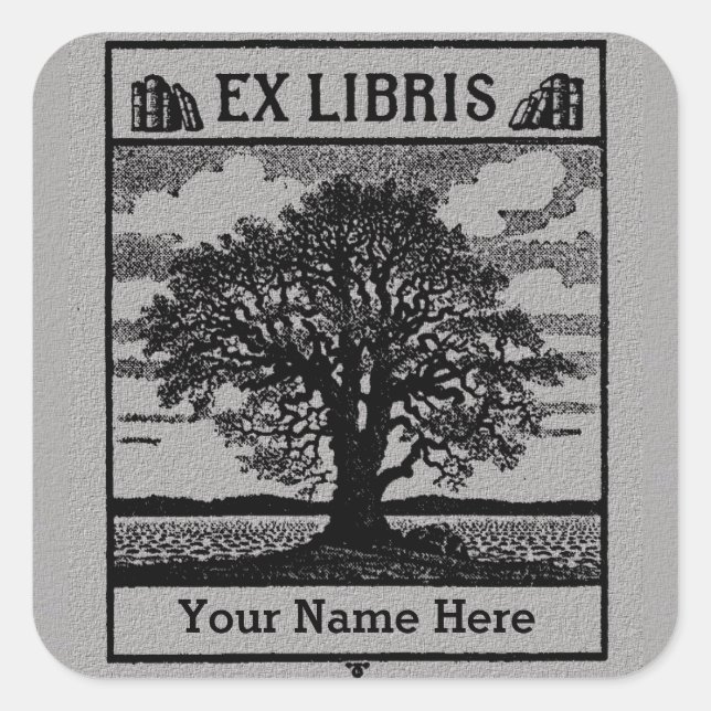 Pegatina Cuadrada Árbol clásico con libros Ex Libris Bookplate - gri (Anverso)