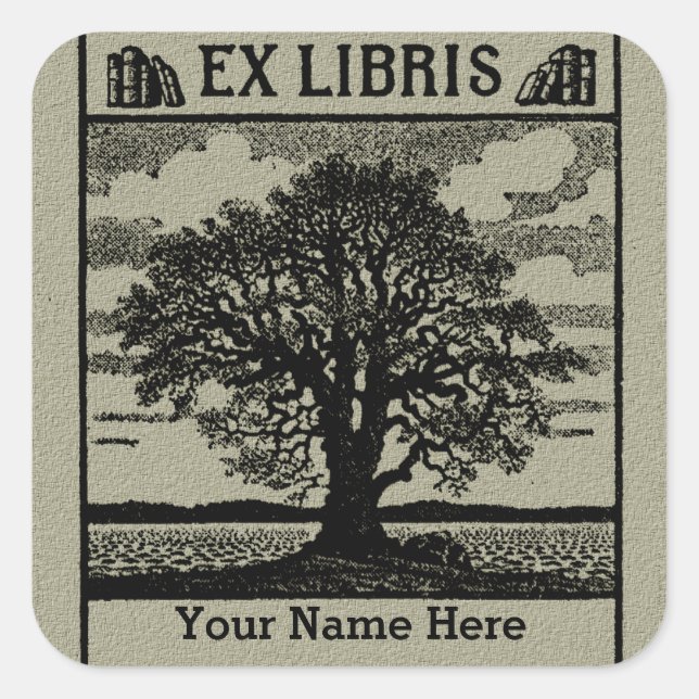 Pegatina Cuadrada Árbol clásico con libros Ex Libris Bookplate - Ver (Anverso)