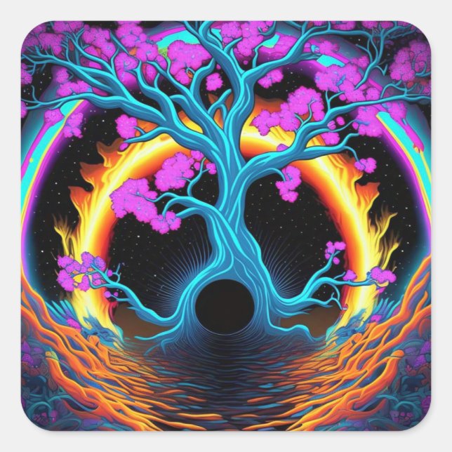 Pegatina Cuadrada Árbol colorido de la vida (Anverso)