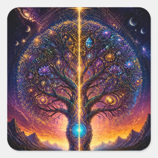 Pegatina Cuadrada Árbol Cósmico de la Vida Arte Celestial