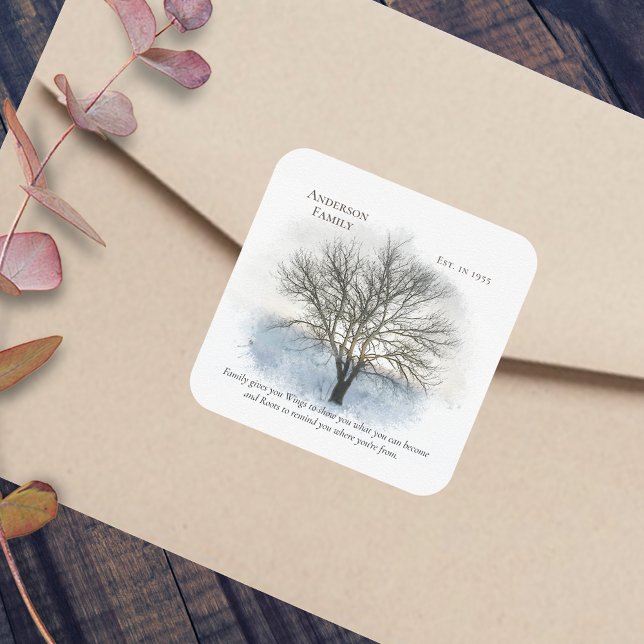Pegatina Cuadrada Árbol de acuarela de reunión familiar (Subido por el creador)