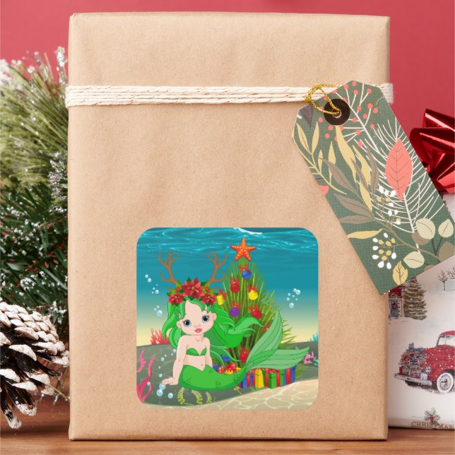 Pegatina Cuadrada Árbol de algas de sirena de Navidades de pelo (Vacaciones)
