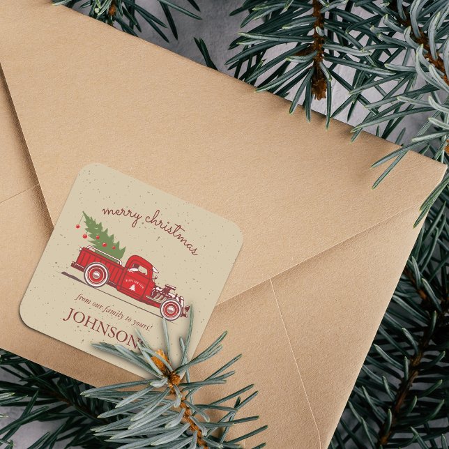 Pegatina Cuadrada Árbol de camión rojo ruso personalizado (Rustic Red Truck Tree Personalized Square Sticker)