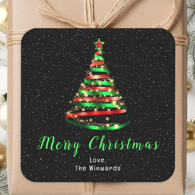 Pegatina Cuadrada Árbol de cinta roja y verde Feliz Navidad (Subido por el creador)