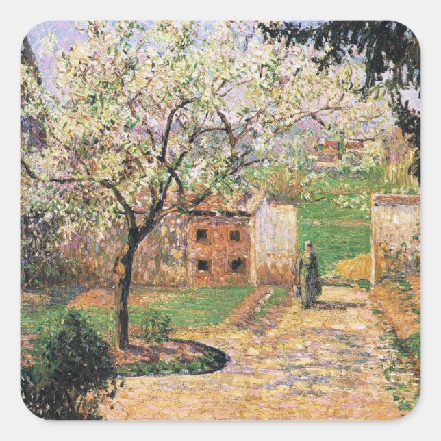 Pegatina Cuadrada Árbol de ciruelas, Eragny Camille Pissarro (Anverso)