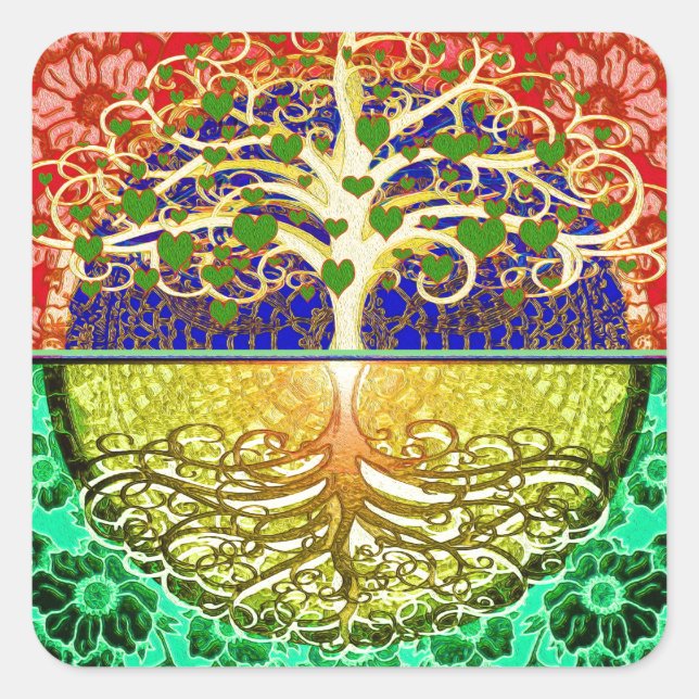 Pegatina Cuadrada Árbol de Corazón de Vida (Anverso)